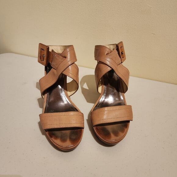 Coach Sz 8.5 Kensington Open Toe Slingback Platform Sandals Tan Leather Boho - Picture 3 of 10